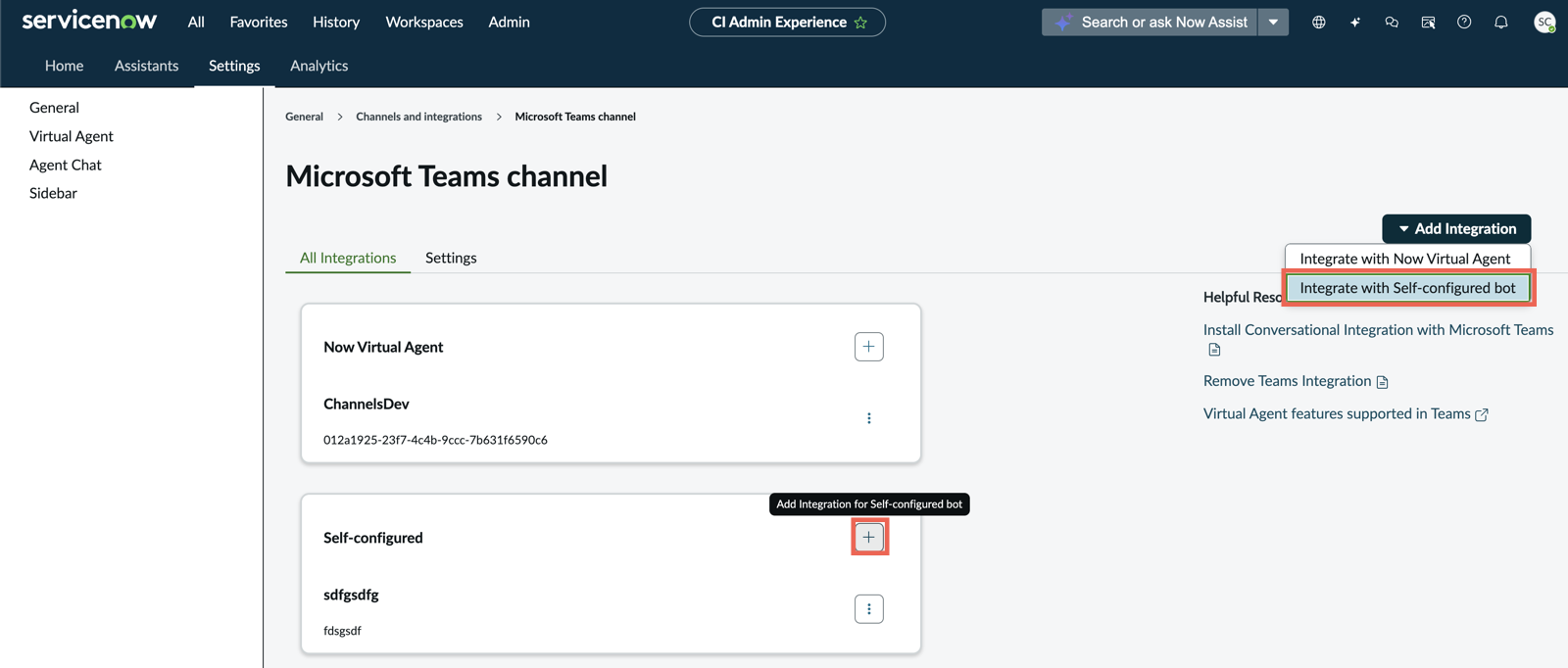 Manage Microsoft Teams channel in Conversational Interfaces general settings. The Add integration for Self-configured bot button and Integrate with Self-configured bot option in the Add integration drop-down menu are highlighted.