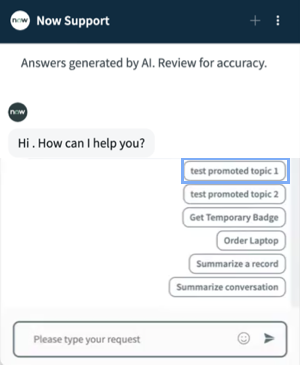 Virtual Agent Now Assist panel chat window showing condition defined asset over other promoted assets.