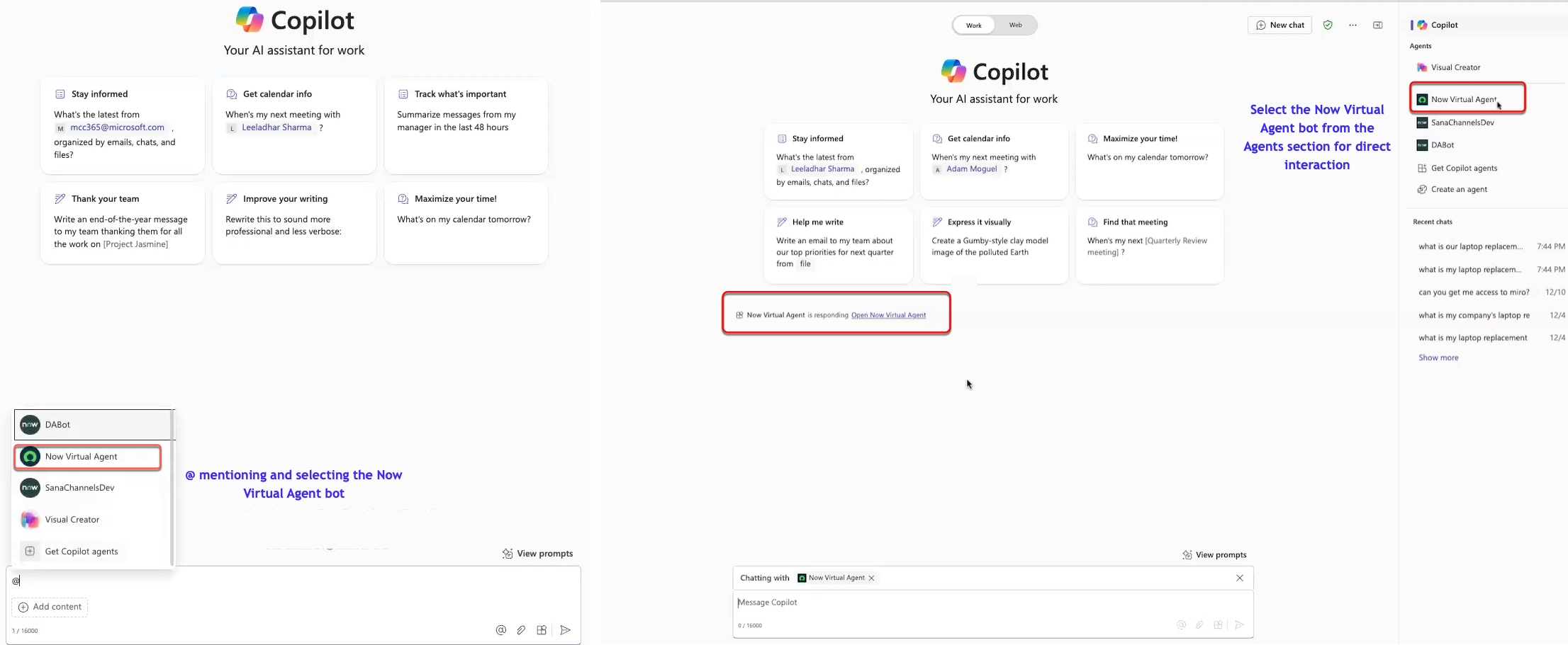 Select the Now Virtual Agent bot within Copilot for your interaction.