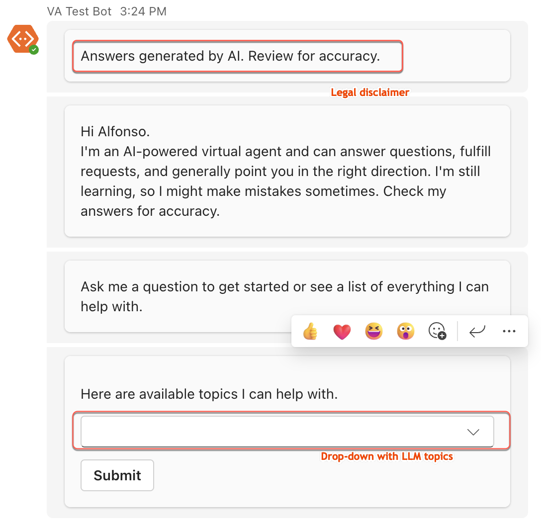 LLM-based conversation with Now Assist displaying the legal disclaimer and greeting.