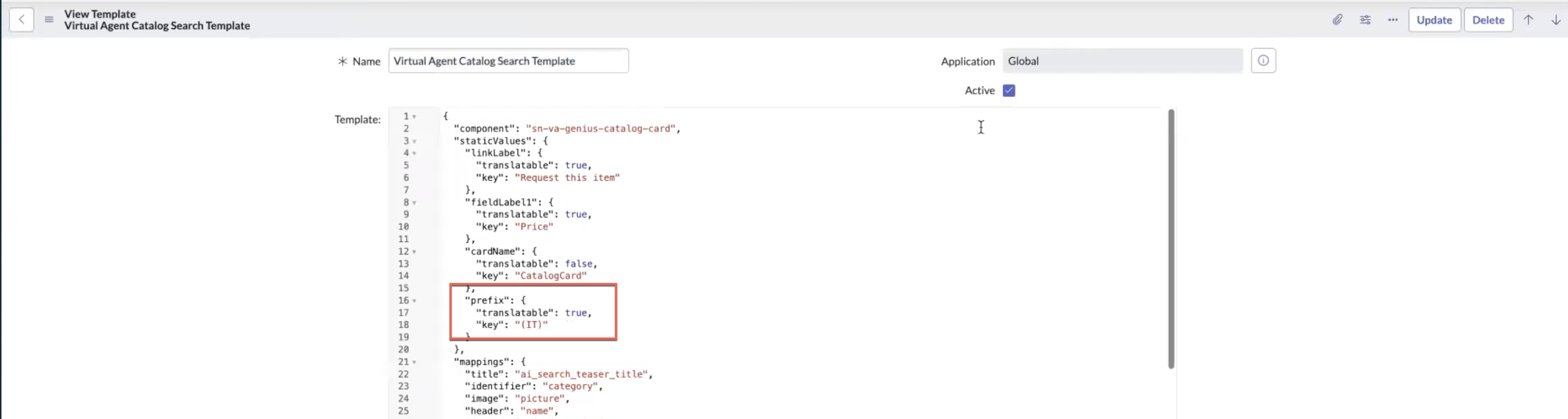 Virtual Agent Catalog Search Template view, with prefix codeblock highlighted.