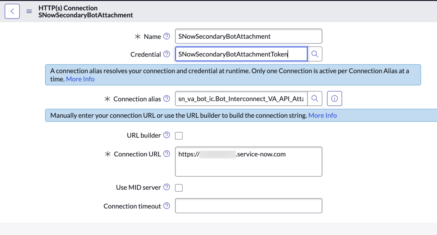 ServiceNow Secondary Bot HTTPS connection view. Credential and Connection URL fields are highlighted as newly created credential record and VA API installation on the secondary bot instance.