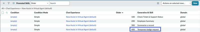 Promoted skills table with Temporary Badge Request record name and Order highlighted.