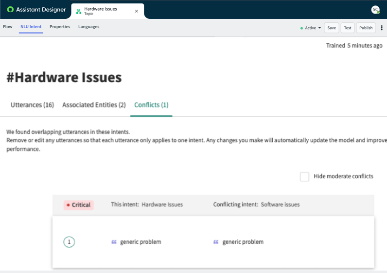 The Conflicts tab shows problems that may interfere with topic discovery. In this example, two separate intents contain the same utterance.