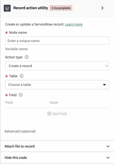 Record Action utility displaying the various basic properties for updating a record.