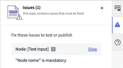 Virtual Agent Designer canvas sidebar showing Validation Issues tab containing error message and hyperlink to node containing error.