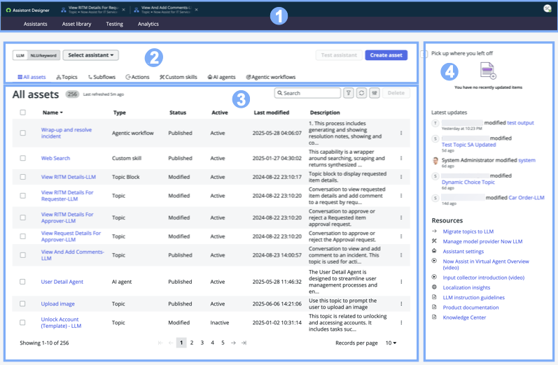 Assistant Designer Asset library page with 4 highlighted sections. For more information, see the Options in the Asset library table.