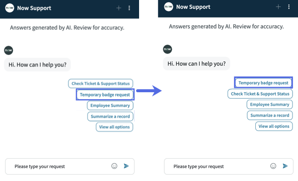 Conditionally reordered Temporary badge request in chat window.