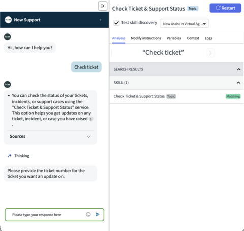 Analysis tab showing matching result for utterance Check ticket.