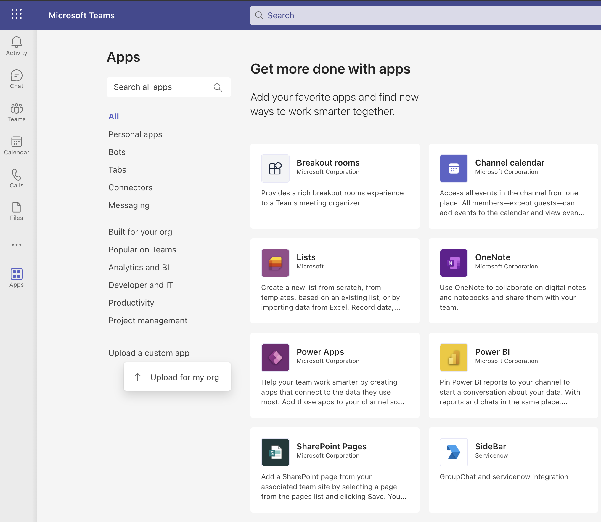 Microsoft Teams apps portal. Apps, Manage your apps, and Upload an app to your org's app catalog options are highlighted.