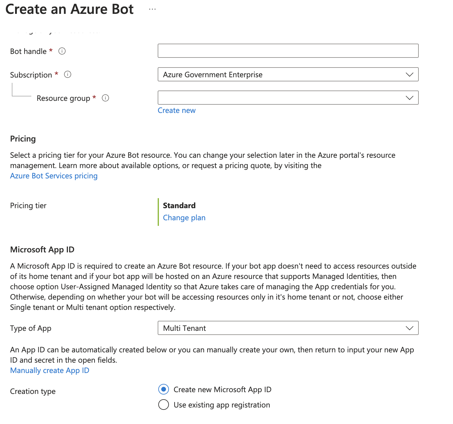 Create an Azure bot form. Azure Government Enterprise subscription option, Multi Tenant type of app option, and Create new Microsoft App ID radio button are selected.