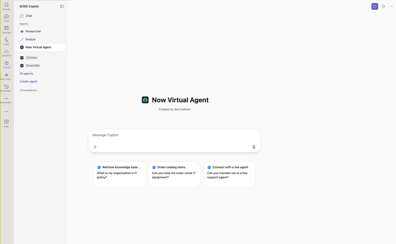 Now Assist in Virtual Agent conversation with Microsoft Copilot displaying the Message Extension enabled.
