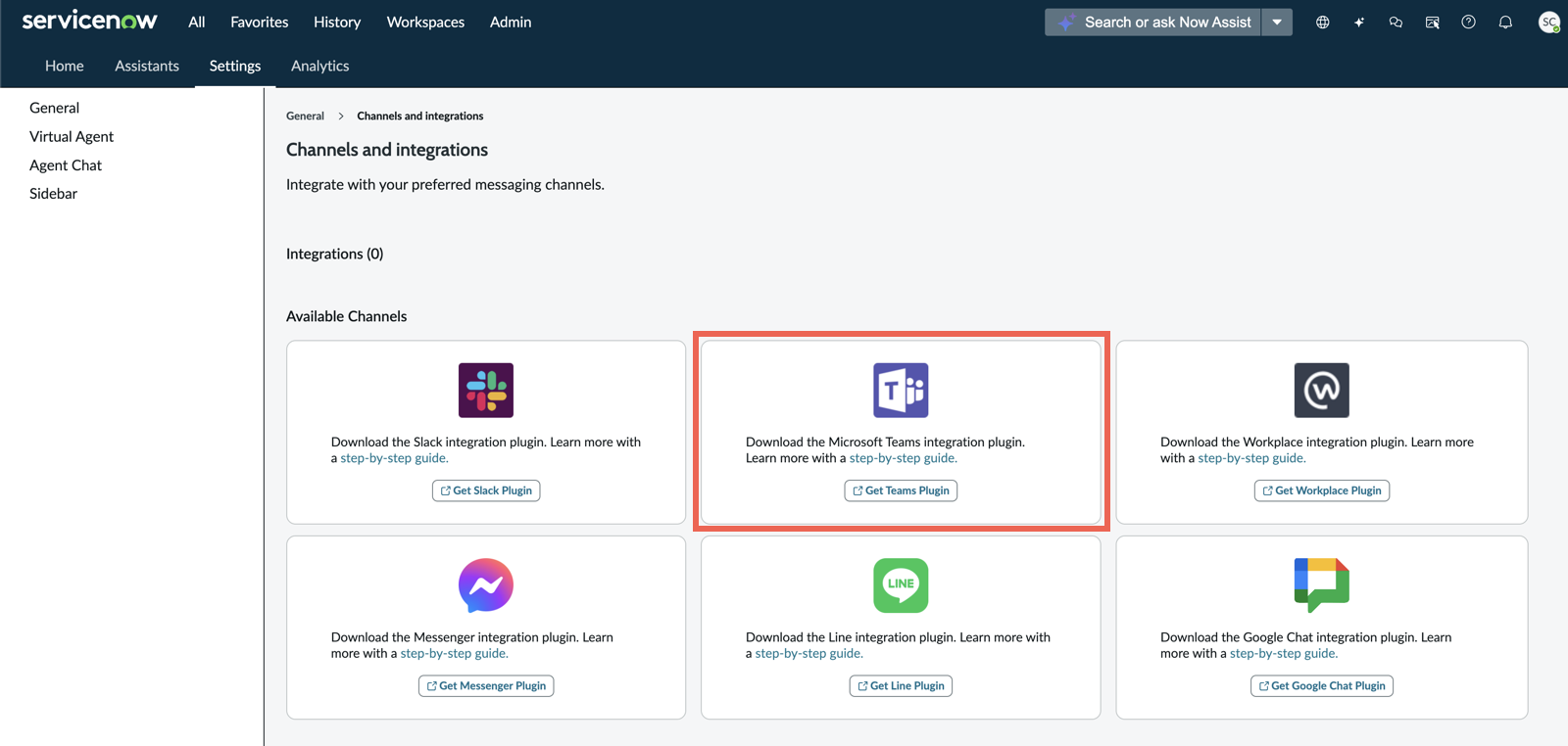 The Channels and integrations page displays a card with a Get Teams plugin link. For details, select the Learn more with a step-by-step guide link.