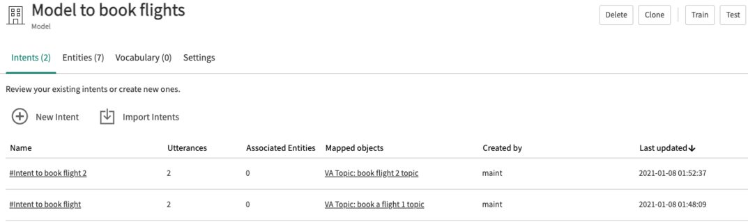 NLU Workbench Model Intents tab.