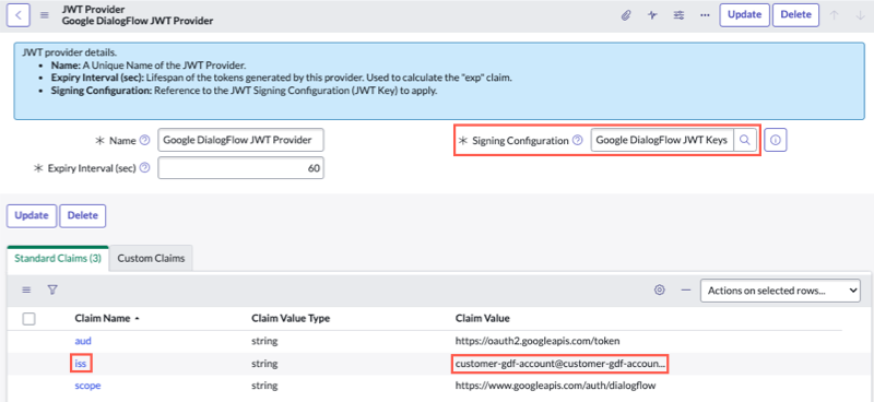 The Google DialogFlow JWT Provider configuration form displays the Signing Configuration and the iss record. The iss claim value is the agent service account email address.