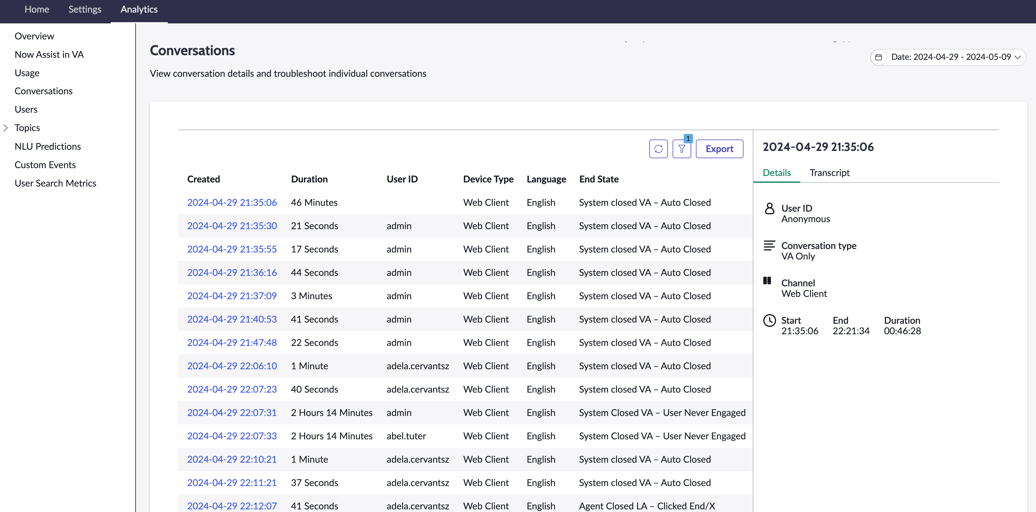 Virtual Agent Analytics conversations page set to all conversations, with first conversation in list highlighted.