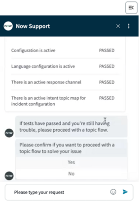 Bot response showing PASSED test results for the conversation.