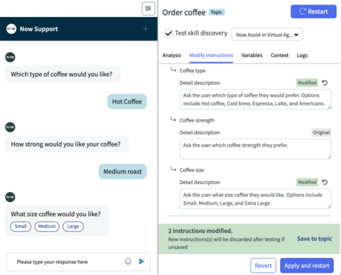Modify instructions tab with Modified instruction and Save to Topic updates.