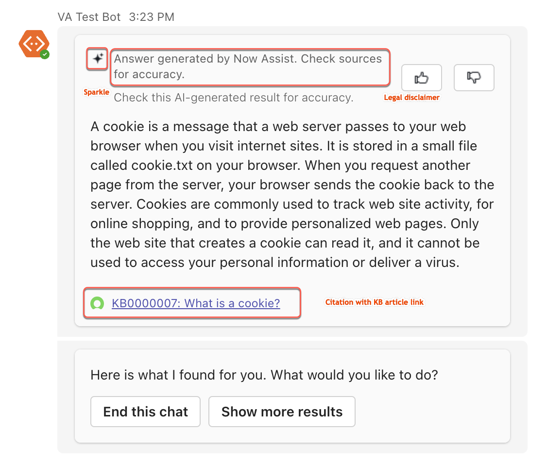 Now Assist displaying the question and answer card with the sparkle image, legal disclaimer, and the description and citation for the question asked.
