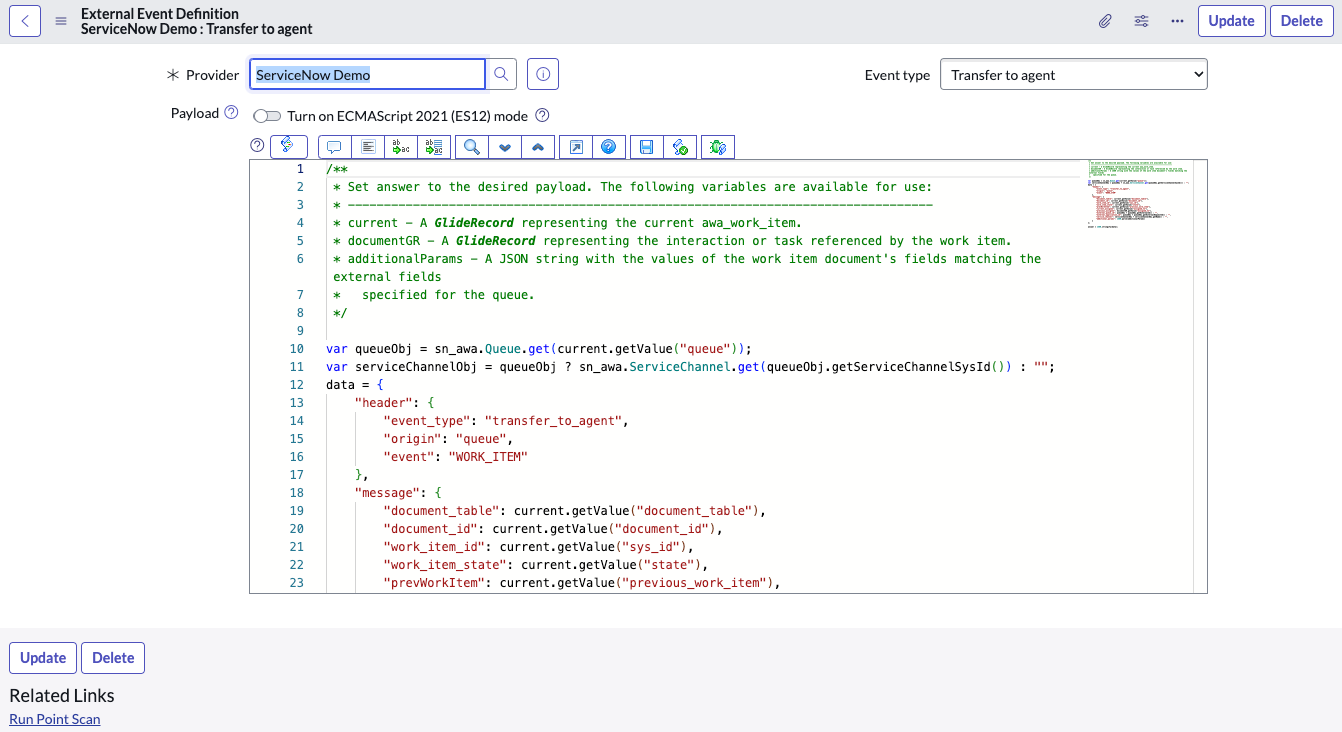 Event type and payload of the subflow associated with the provider.