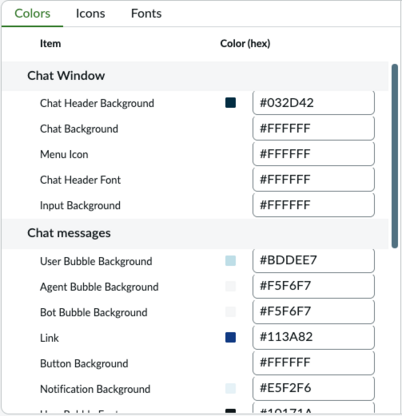 Chat branding colors tab showing chat window and chat messages colors.