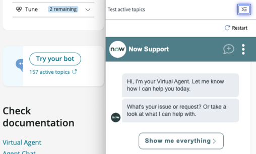 Virtual Agent test window open next to Try your bot button.