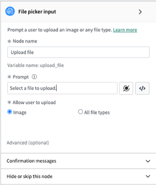 Basic properties include the node name, prompt, and file type, either Image or All file types.