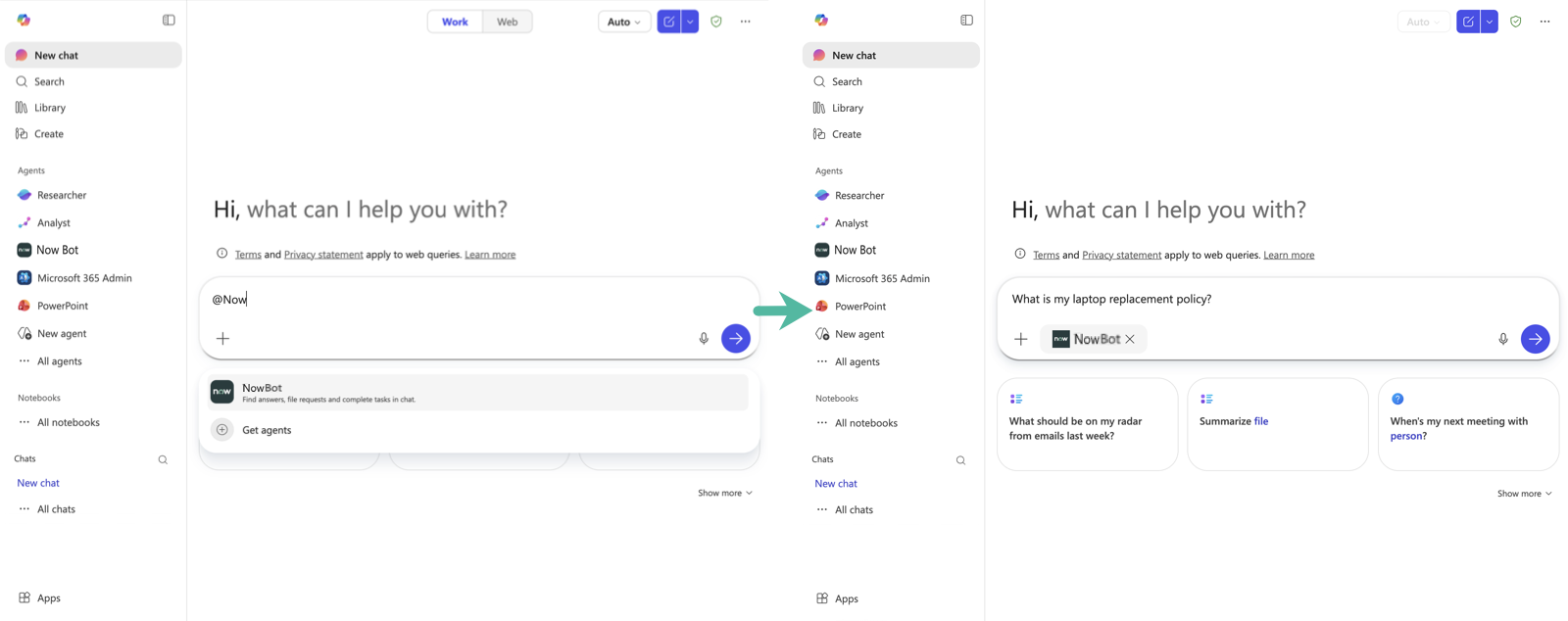 User using the @-mention feature in Copilot to invoke the bot.