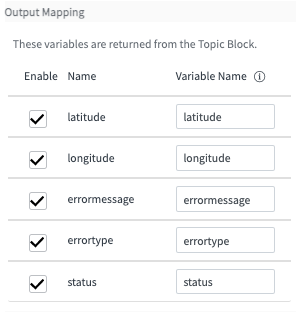 Geolocation output mapping parameters include latitude, longitude, errormessage, errortype, and status.