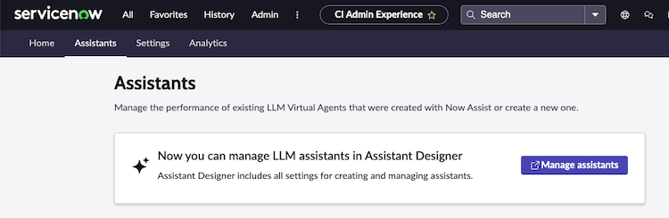 Manage assistants links to Assistant Designer.