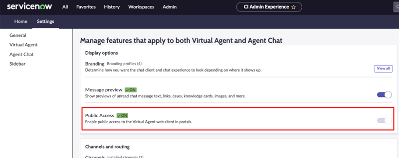 Public access toggle enables public access to the Virtual Agent chat widget in portals.