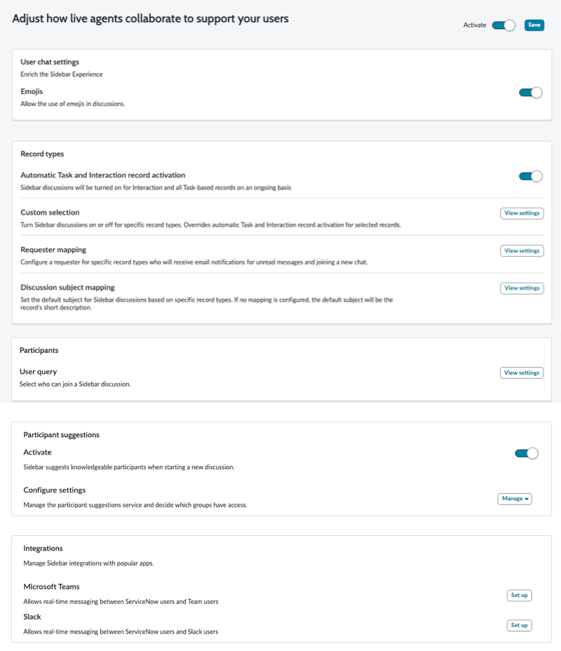 Sidebar admin settings.