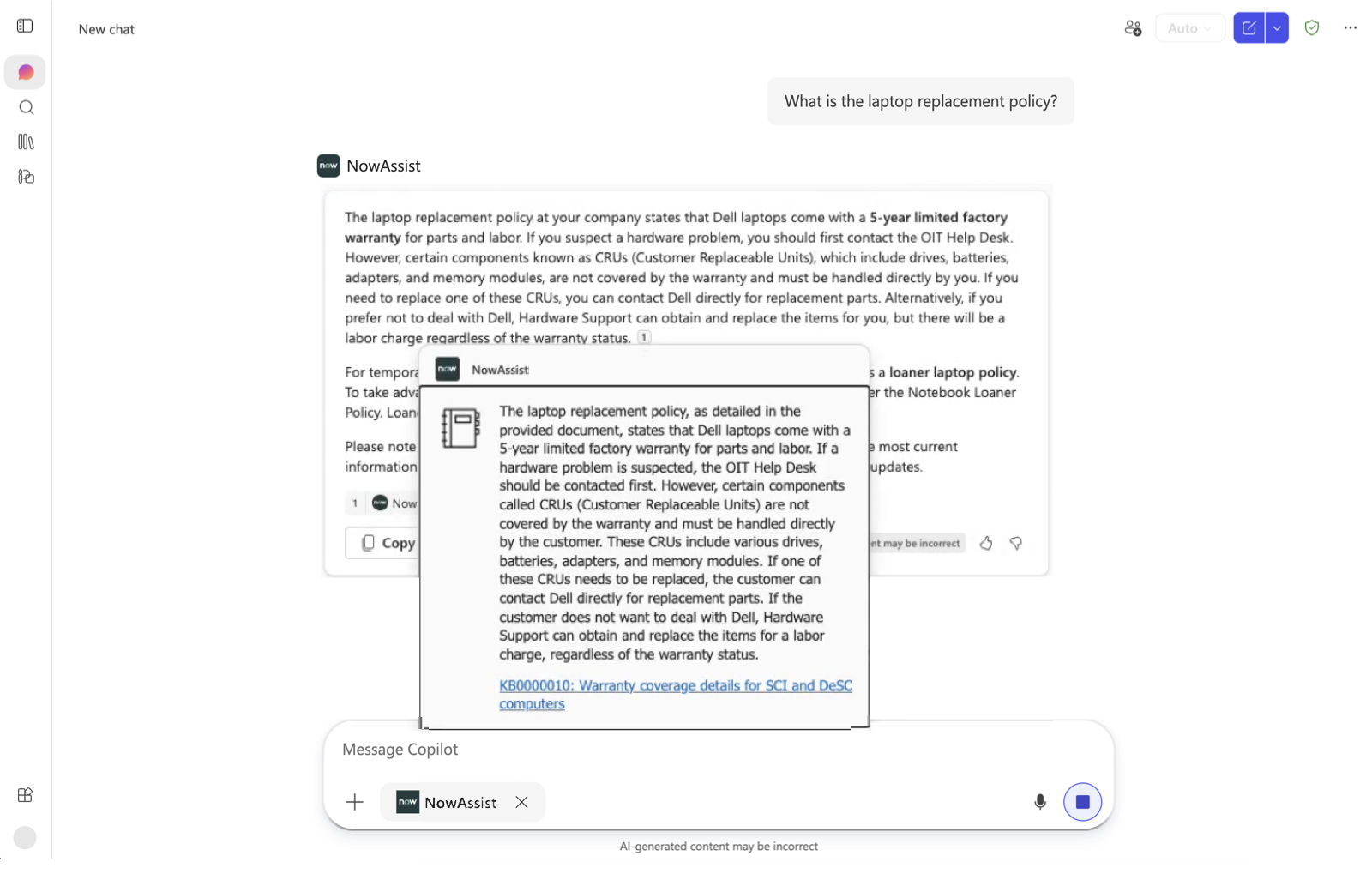 Microsoft Copilot, providing the Knowledge Base article in response to the questions asked.