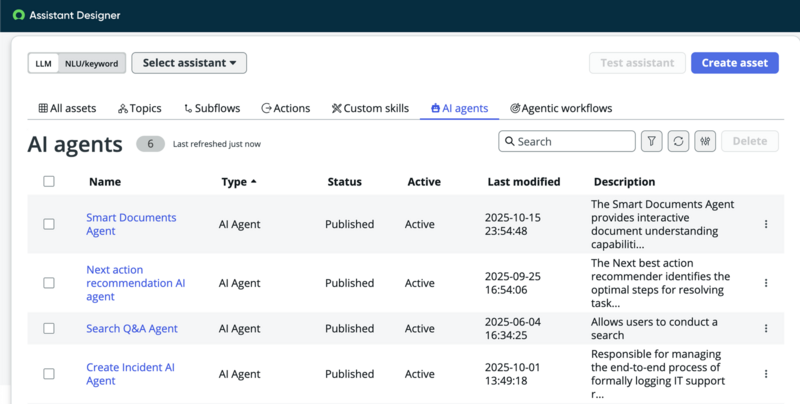 AI agents in Assistant Designer's Asset library.