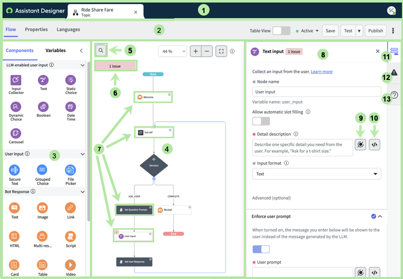 View of Virtual Agent Designer topic Flow tab with 10 callouts highlighted. For the text description, see the table that follows.