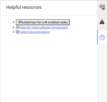 Helpful resources tab in an LLM topic, showing guided tour, video, and product documentation links.