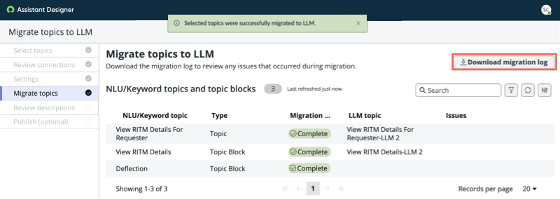When topic migration is complete, the Download migration log option appears and you can select this option to view additional data on the success or failure of your topic migration.
