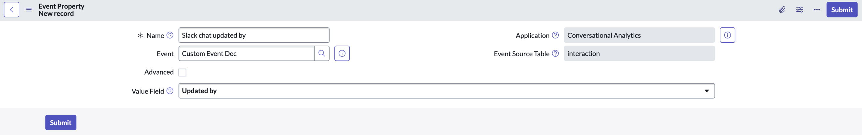 Event Property new record form with Value Field selected.