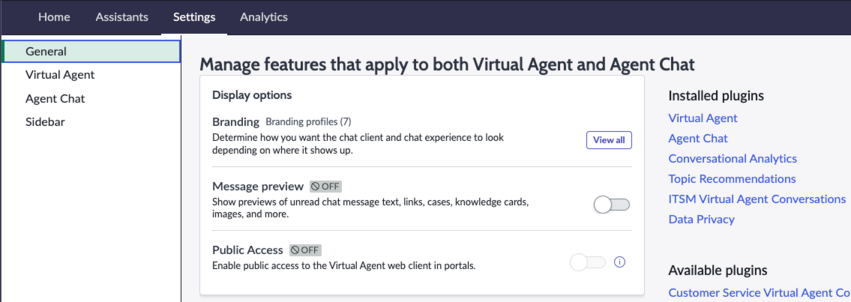 Chat client display options in Conversational Interfaces general settings.