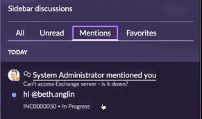 Preview of @mention message in sidebar discussions.