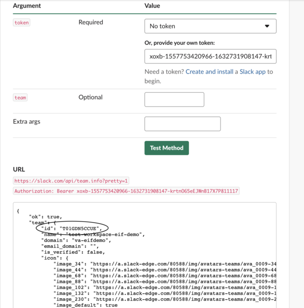The Slack Team ID is shown in the code window as "id":"T01GDN5CCUE."