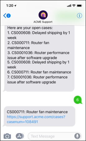 The bot displays the user's 7 open cases. The user enters 6, and the bot provides a link to view that case.