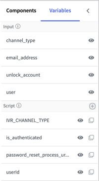 Variables tab showing Input and Scripts in topic being viewed in Virtual Agent Designer.