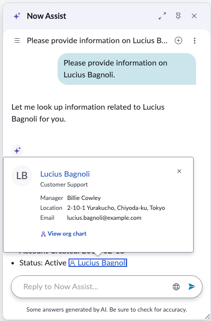 People popover card appears when selecting Lucius Bagnoli and presents information about Lucius.