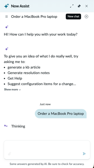 Now Assist greeting in the Virtual Agent chat widget. The user entered "new email."