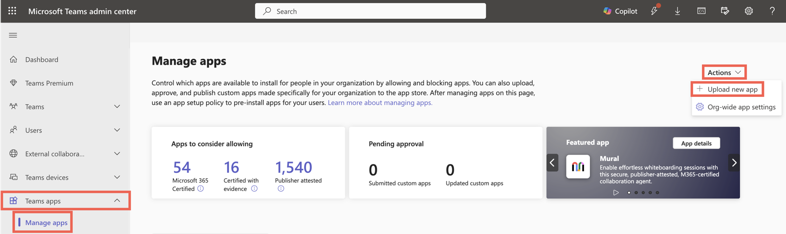 Microsoft Teams apps portal. Teams apps, Manage apps, Actions, and Upload new app options are highlighted.