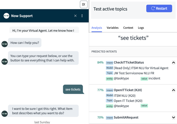 Analyze test phrases tab, showing test phrase results for multiple intent matches.