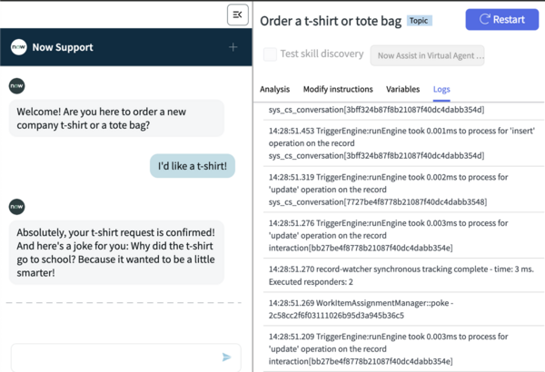 Logs tab displaying list of events in Virtual Agent conversation.