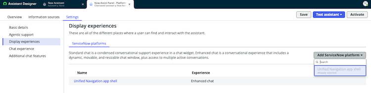 Display experience for Now Assist panel - Platform