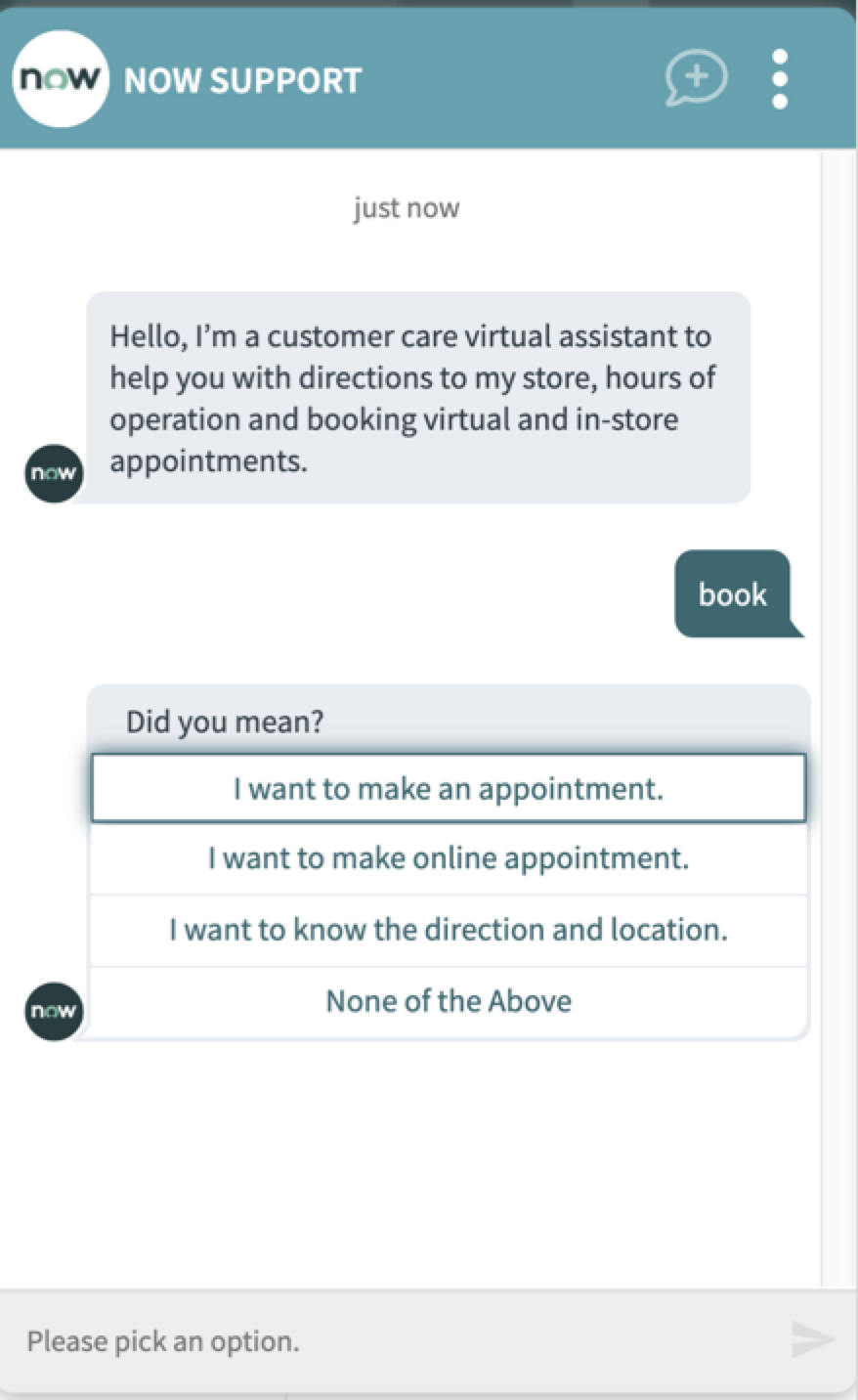 Virtual Agent conversation showing additional intents discovered through the disambiguation feature.